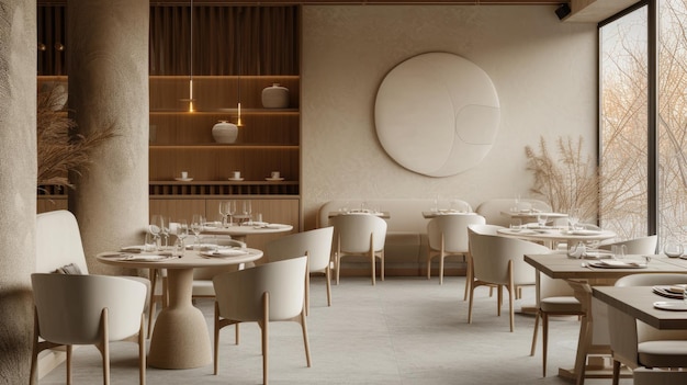 Restaurant interior design in a modern style in warm pastel white and beige colors silent luxury concept