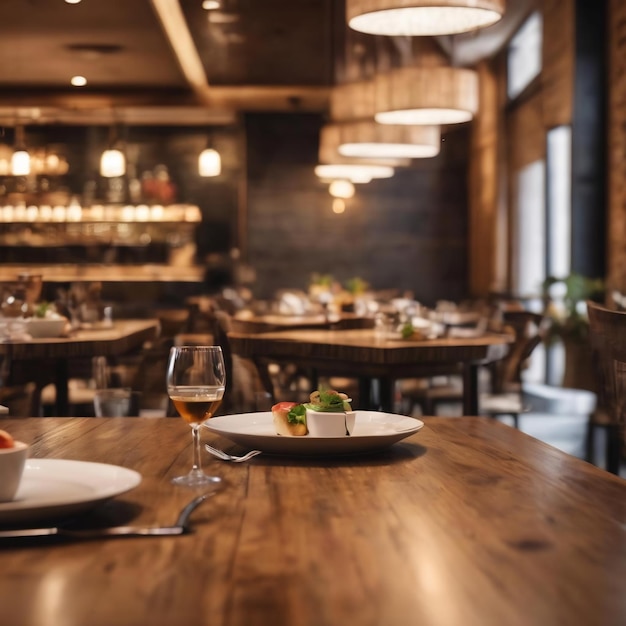 Restaurant interior with customer and wood table blur abstract background with bokeh light