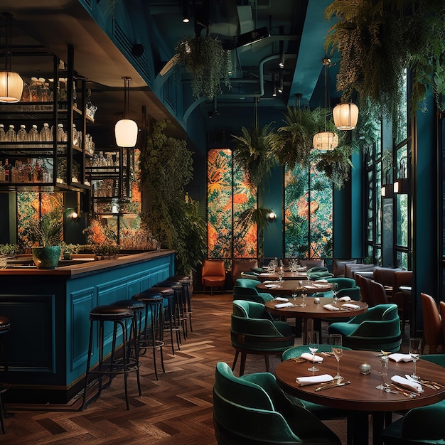 restaurant interior with plants