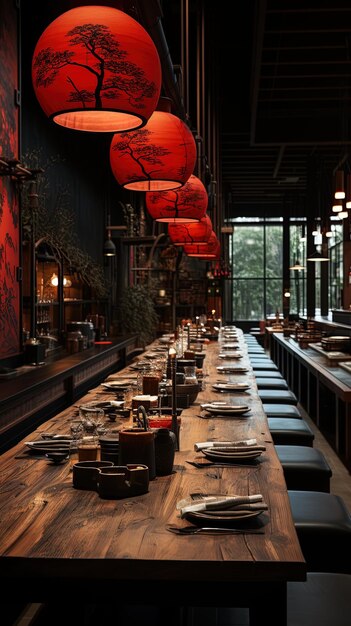 Photo the restaurant is open to the public and has a table with red lanterns hanging from the ceiling