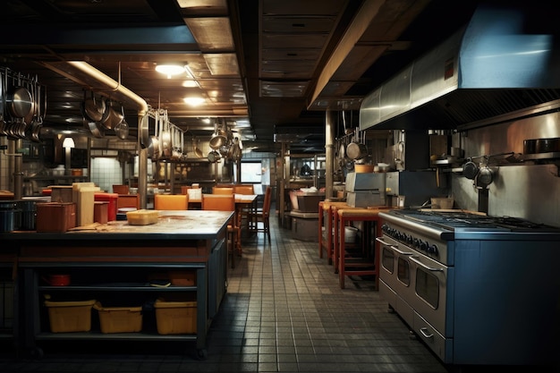 レストランのキッチンのインテリアは,食品機器と機器をトーン化し,専門的な機器を備えた空のレストランのキッチンAI生成
