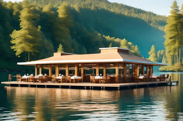 A restaurant on a lake with a mountain view