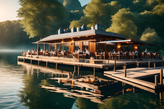 A restaurant on a lake with a view of the mountains in the background.