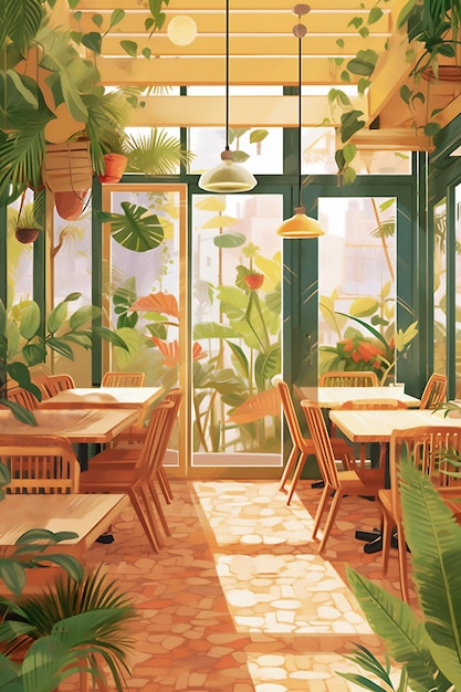 Restaurant in modern eco friendly style decorated with green plants