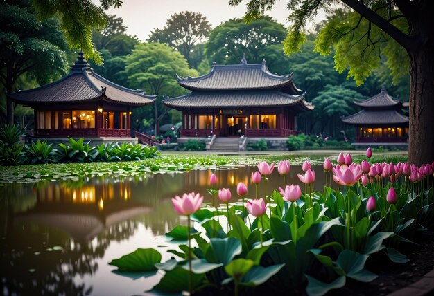 The restaurant nestled beside the lotus pond in the park offers diners a serene dining experience