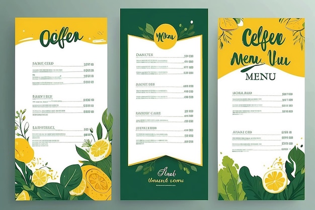 Фото Дизайн карты меню ресторана с зеленым и желтым цветом