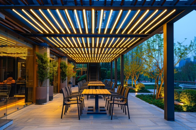 A restaurant patio with a large canopy and a long table with many chairs