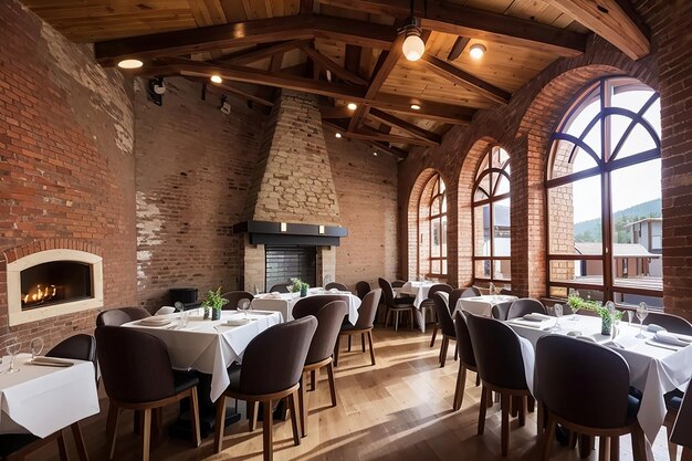 Restaurant private room with table for 14 persons wooden ceiling brick walls and fireplace