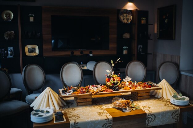 Restaurant service. Restaurant table with food at the event.Snacks on the table.Catering.