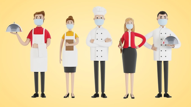 Restaurant staff: chef, cook, assistant, manager, waiter. Catering professionals in uniform. 3D illustration in cartoon style.