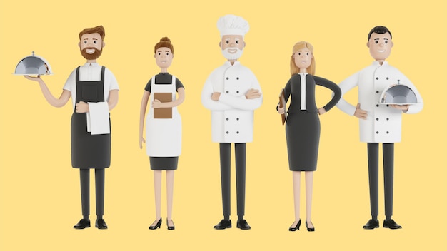 레스토랑 직원: 요리사, 요리사, 보조자, 매니저, 웨이터. 제복을 입은 케이터링 전문가. 만화 스타일의 3D 그림입니다.