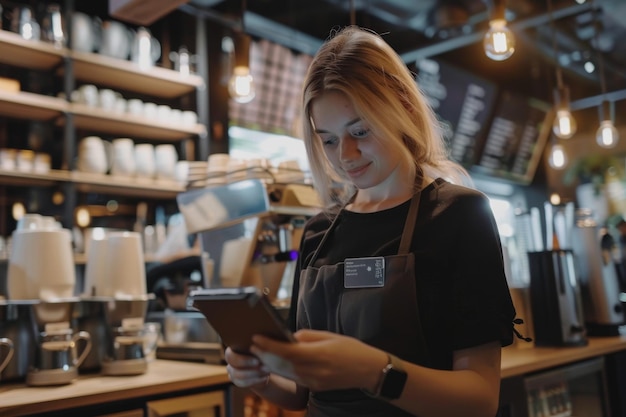 레스토랑 직원 들 은 서비스 를 위해 디지털 태블릿 을 원활 히 사용 하고 있다