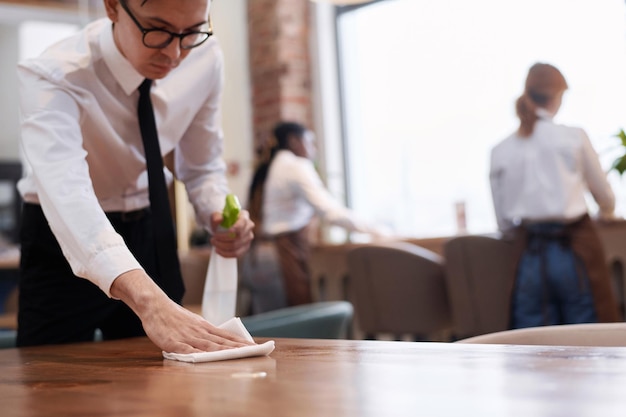 Restaurant staff wiping tables