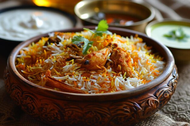 Foto restaurant stijl pittige kip biryani in houten schaal met raita en salan