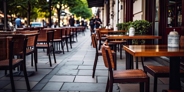 Restaurant Straat Tafel Leeg Café Tafels Bistro Zitplaats Bar Terras Buitenrestaurants Cafeteria Buiten Trattoria City Coffeeshops Meubels Zomerstraat Tafel Generatieve AI Illustratie