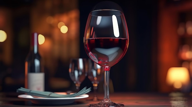 Restaurant table background with bottle of wine and glass Generative Ai