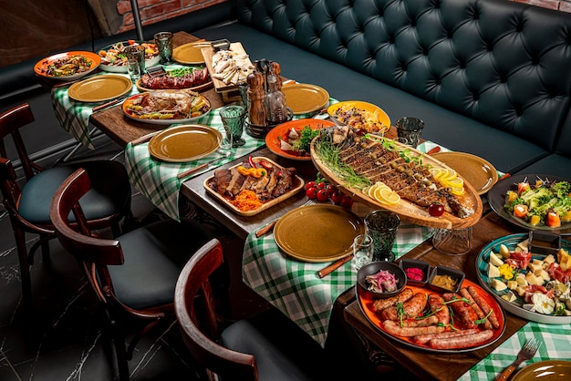 Restaurant table many different dishes