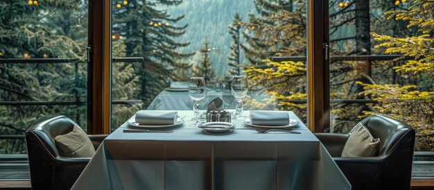 Restaurant table set for two in a forest hotel