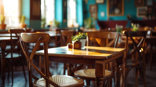 나무 의자가 놓인 레스토랑 테이블 A 생성