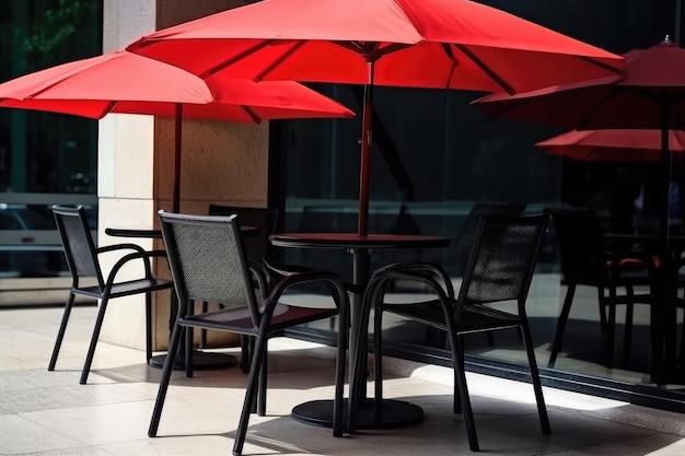 Ресторанные столы и стулья снаружи с зонтиком, созданным ИИ