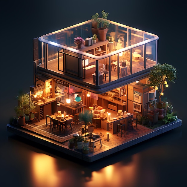 Restaurant tilt shift isometric miniature diorama isometric view