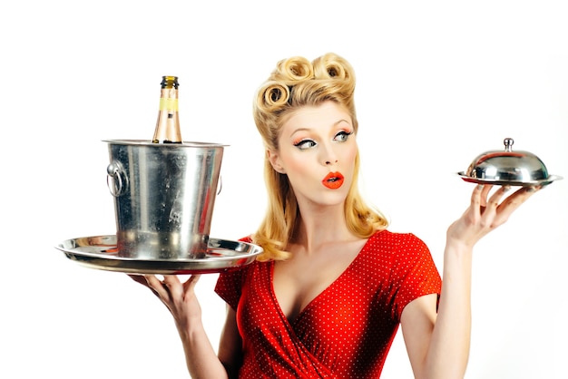 Restaurant waiter. Pinup girl with service tray. Serving presentation concept.