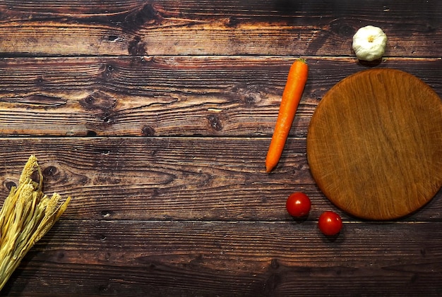 Restaurant wallpaper wood board carrot tomatoes egg corn on a table background