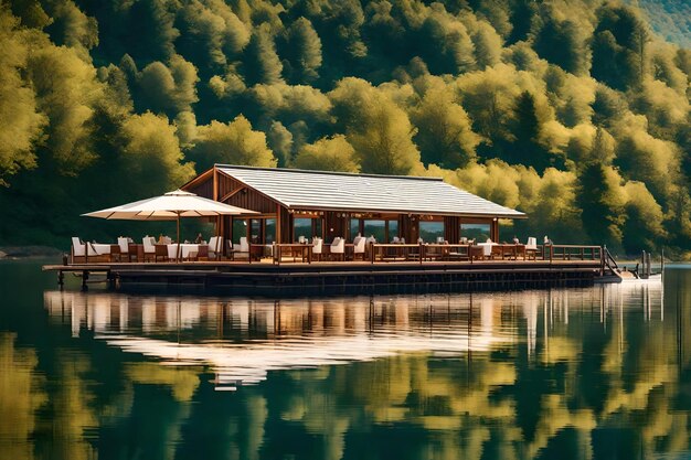 A restaurant on the water with a mountain backdrop.