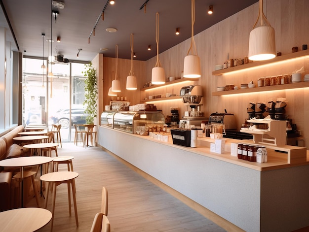 A restaurant with a bar and tables and chairs with lights hanging from the ceiling.