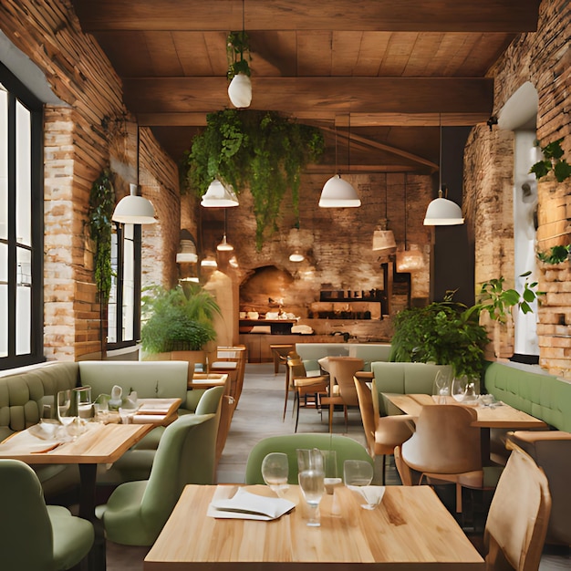 벽돌 벽과 초록색 의자, 벽돌 난로를 가진 레스토랑