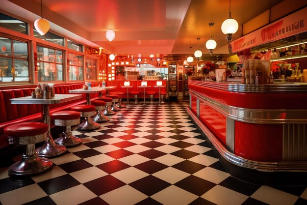 A restaurant with a checkered floor and red booths