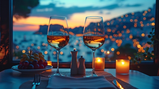 a restaurant with an empty glass set and a view of the city