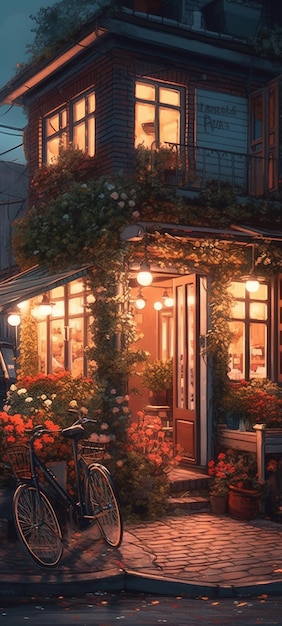 A restaurant with flowers on the windows