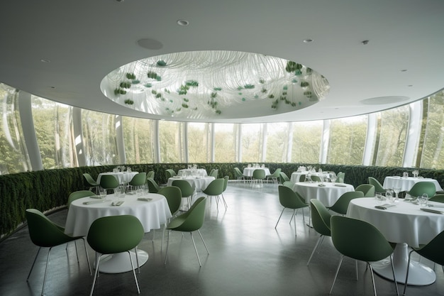 A restaurant with green chairs and white tablecloths and white tablecloths.