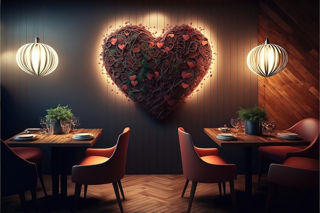 A restaurant with a heart shaped wall art