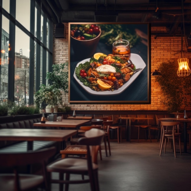 Photo a restaurant with a large picture of food on the wall generative ai image