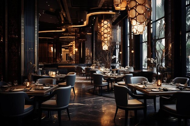 Photo a restaurant with a large table and chairs with lamps on the ceiling