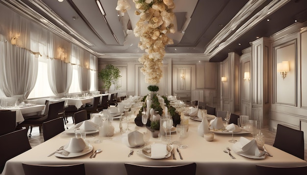 Photo a restaurant with a large table with many plates and vases with flowers on it