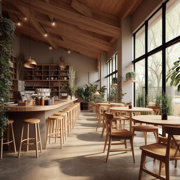 A restaurant with a large window that has plants on it