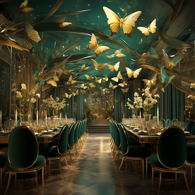 a restaurant with a lot of butterflies on the ceiling