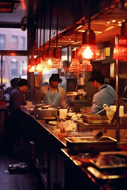 a restaurant with a man and a woman working at the counter