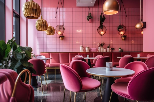 A restaurant with pink chairs and pink walls generative ai image