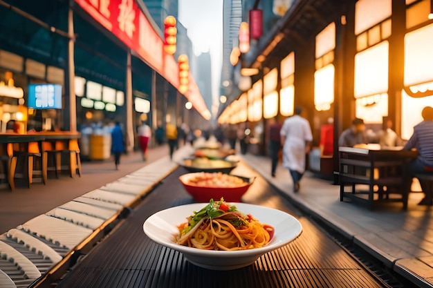 A restaurant with a plate of spaghetti and a bowl of tomato sauce.