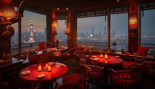 A restaurant with red chairs and tables with a view of the city at night.