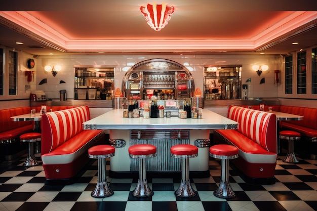 A restaurant with red and white chairs and a checkered floor