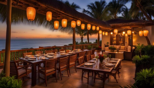 Photo a restaurant with a table and chairs and a sunset on the ocean