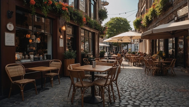 a restaurant with a table and chairs and umbrellas generative AI