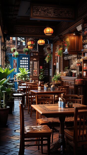 Photo a restaurant with a table and plants on the wall