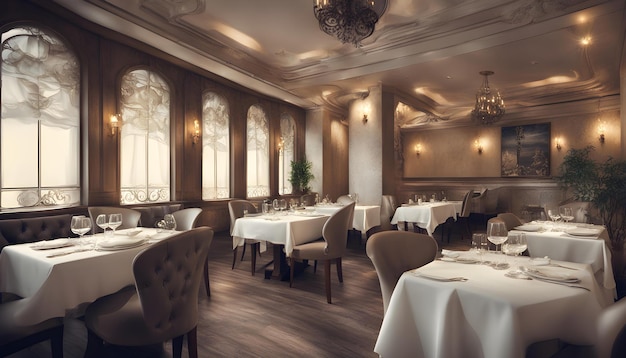 a restaurant with a table with a white tablecloth and a white tablecloth