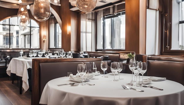 Photo a restaurant with a table with a white tablecloth and a white tablecloth